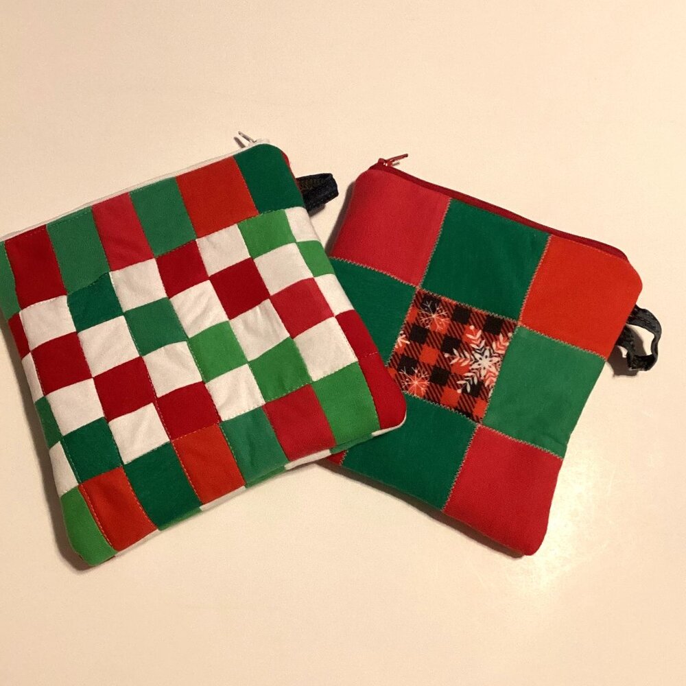 2 Handmade Small Recycled T-Shirt Pouch Cosmetic Toiletry Bag Sewing Medication